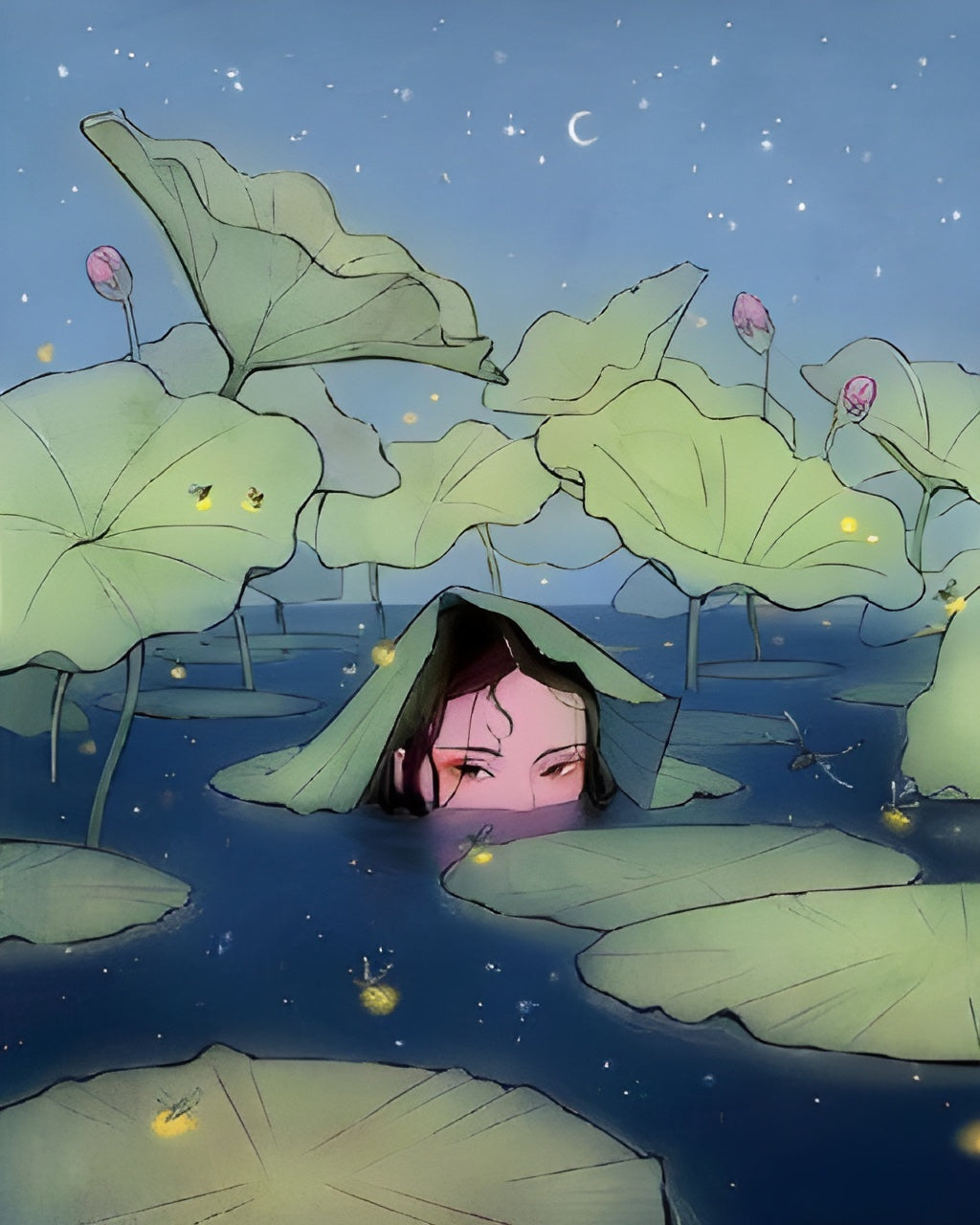 Woman Half-Submerged Among Lotus Leaves (Blue Water, Eyes Peeking)