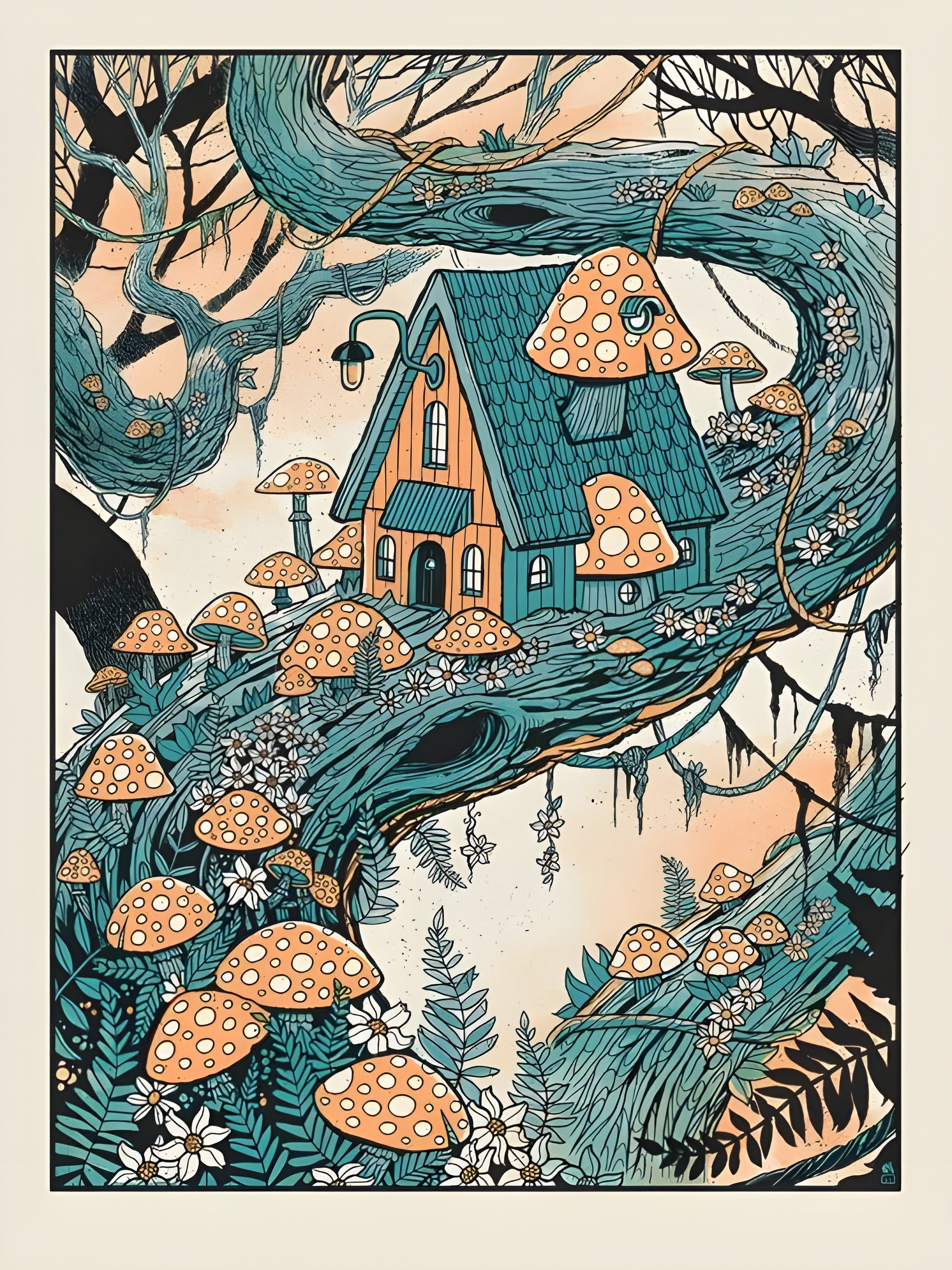 Mushroom House in Twisted Tree (Teal + Peach)