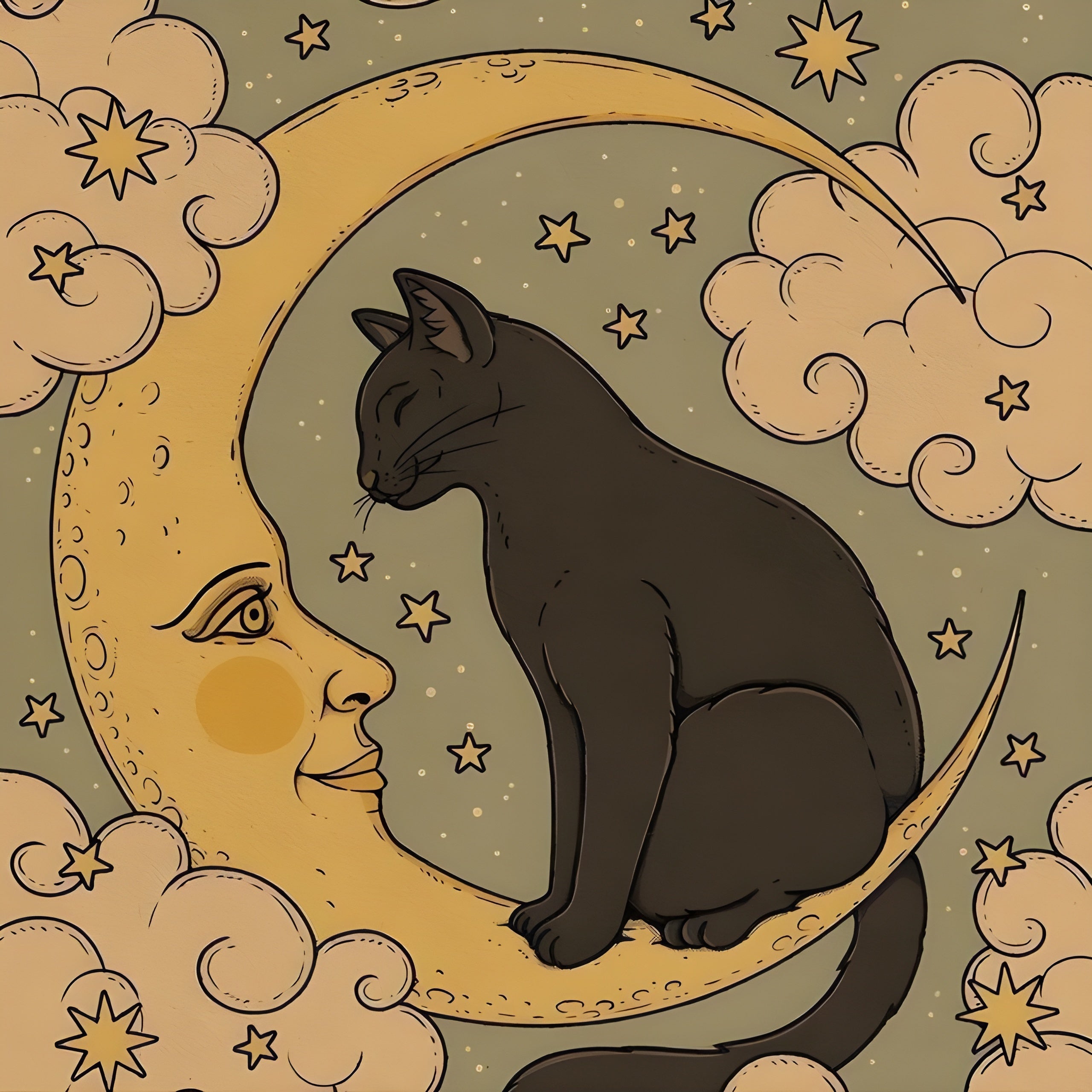 Moon Face with Black Cat